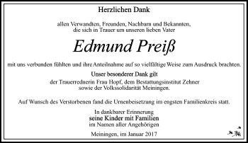 Traueranzeige von Edmund Preiß von Südthüringer Presse