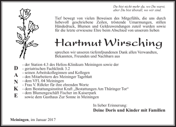 Traueranzeige von Hartmut Wirsching von Südthüringer Presse