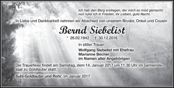 Traueranzeige von Bernd Siebelist von Südthüringer Presse