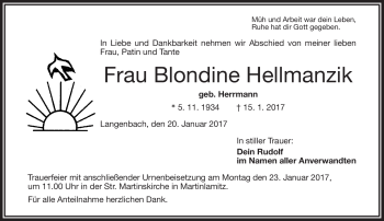 Traueranzeige von Blodine Hellmanzik von Frankenpost