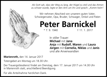 Traueranzeige von Peter Barnickel von Neue Presse Coburg