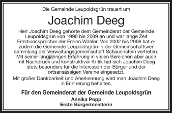 Traueranzeige von Joachim Deeg von Frankenpost