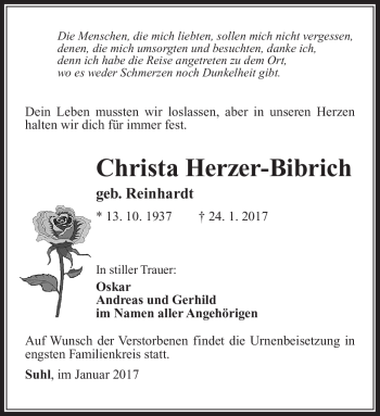 Traueranzeige von Christa Herzer-Bibrich von Südthüringer Presse