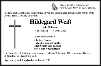 Traueranzeige von Hildegard Weiß von Südthüringer Presse
