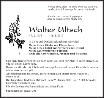 Traueranzeige von Walter Ultsch von Südthüringer Presse