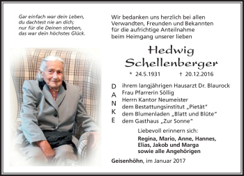 Traueranzeige von Hedwig Schellenberger von Südthüringer Presse