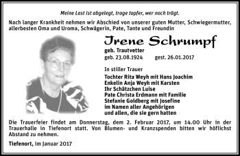 Traueranzeige von Irene Schrumpf von Südthüringer Presse