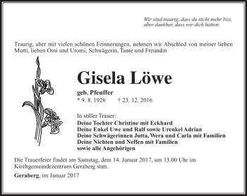 Traueranzeige von Gisela Löwe von Südthüringer Presse