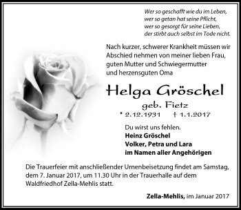 Traueranzeige von Helga Gröschel von Südthüringer Presse