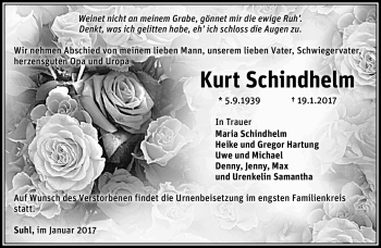 Traueranzeige von Kurt Schindhelm von Südthüringer Presse