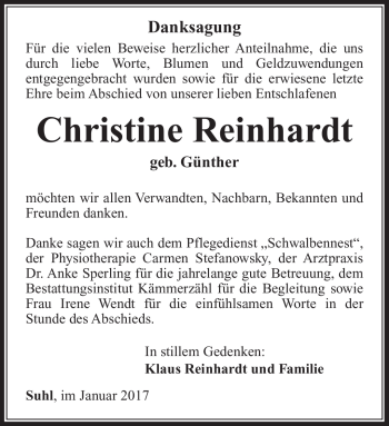 Traueranzeige von Christine Reinhardt von Südthüringer Presse