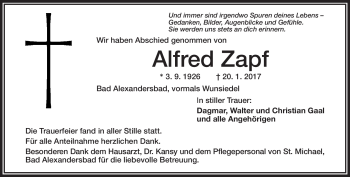 Traueranzeige von Alfred Zapf von Frankenpost