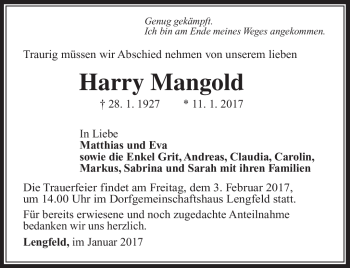 Traueranzeige von Harry Mangold von Südthüringer Presse