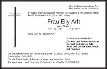 Traueranzeige von Elly Arlt von Frankenpost