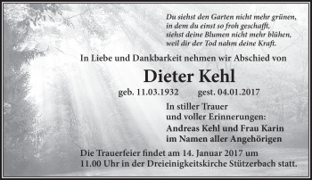 Traueranzeige von Dieter Kehl von Südthüringer Presse