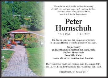 Traueranzeige von Peter Hornschuh von Südthüringer Presse