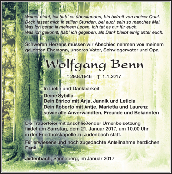 Traueranzeige von Wolfgang Benn von Südthüringer Presse