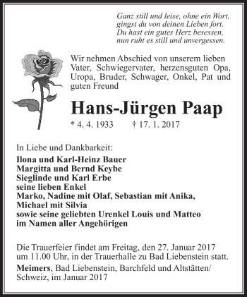 Traueranzeige von Hans-Jürgen Paap von Südthüringer Presse