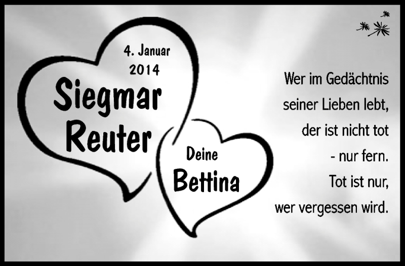  Traueranzeige für Siegmar Reuter vom 04.01.2017 aus Südthüringer Presse