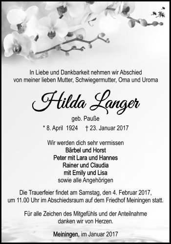 Traueranzeige von Hilda Langer von Südthüringer Presse