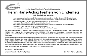 Traueranzeige von Hans-Achaz Freiherr von Lindenfels von Frankenpost