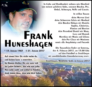 Traueranzeige von Frank Huneshagen von Südthüringer Presse