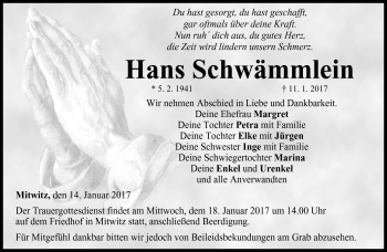 Traueranzeige von Hans Schwämmlein von Neue Presse Coburg