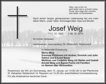 Traueranzeige von Josef Weig von Frankenpost