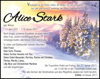 Traueranzeige von Alice Stark von Südthüringer Presse