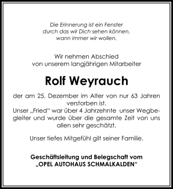 Traueranzeige von Rolf Weyrauch von Südthüringer Presse