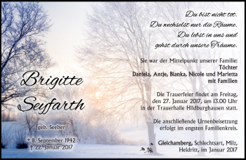 Traueranzeige von Brigitte Seyfarth von Südthüringer Presse