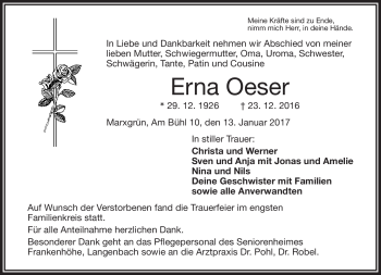 Traueranzeige von Erna Oeser von Frankenpost