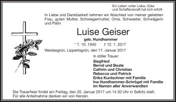 Traueranzeige von Luise Geiser von Frankenpost