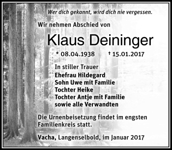 Traueranzeige von Klaus Deininger von Südthüringer Presse