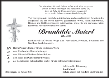 Traueranzeige von Brunhilde Maierl von Südthüringer Presse