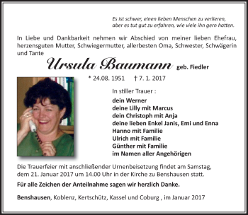 Traueranzeige von Ursula Baumann von Südthüringer Presse