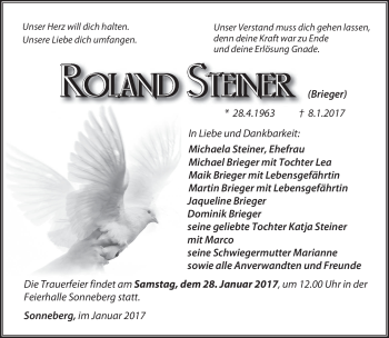 Traueranzeige von Roland Steiner von Südthüringer Presse