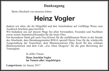 Traueranzeige von Heinz Vogler von Südthüringer Presse