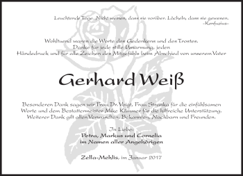 Traueranzeige von Gerhard Weiß von Südthüringer Presse