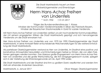 Traueranzeige von Hans-Achaz Freiherr von Lindenfels von Frankenpost