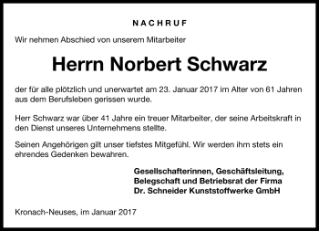 Traueranzeige von Norbert Schwarz von Neue Presse Coburg