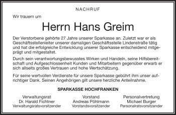 Traueranzeige von Greim Hans von Frankenpost