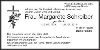 Traueranzeige von Margarete Schreiber von Frankenpost