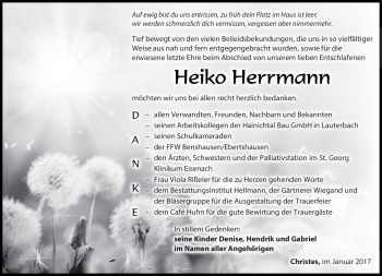 Traueranzeige von Heiko Herrmann von Südthüringer Presse