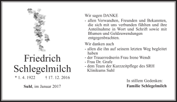 Traueranzeige von Friedrich Schlegelmilch von Südthüringer Presse