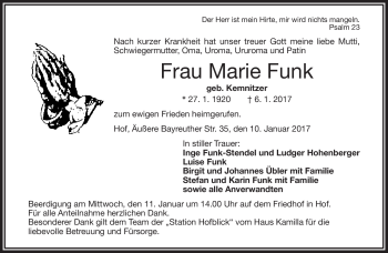 Traueranzeige von Marie Marie von Frankenpost