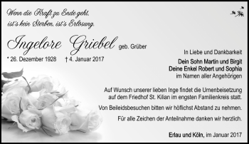 Traueranzeige von Ingelore Griebel von Südthüringer Presse