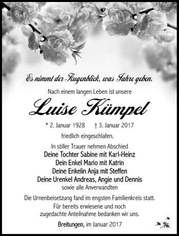 Traueranzeige von Luise Kümpek von Südthüringer Presse