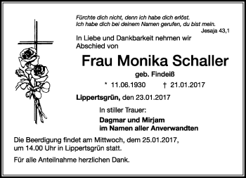 Traueranzeige von Monika Schaller von Frankenpost
