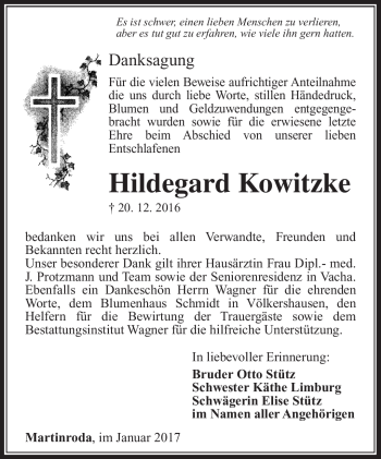 Traueranzeige von Hildegard Kowitzke von Südthüringer Presse